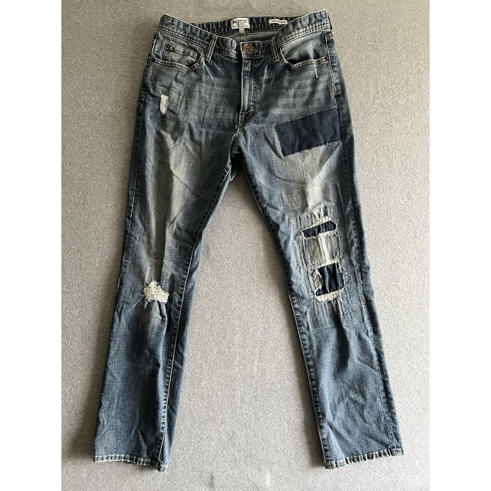 William Rast Dean Jeans Mens 34x32 Blue Cotton Denim Straight Slim Faded Patch